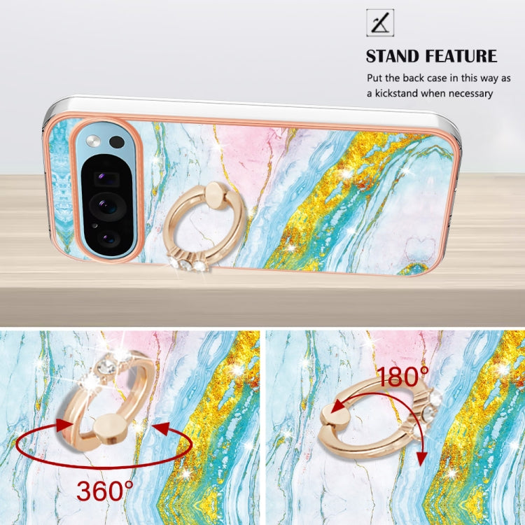 For Google Pixel 9 / 9 Pro Electroplating Marble IMD TPU Phone Case with Ring Holder(Green 004) - Google Cases by buy2fix | Online Shopping UK | buy2fix