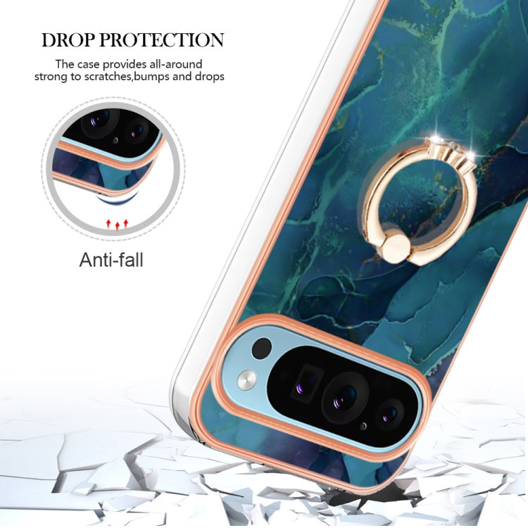 For Google Pixel 9 / 9 Pro Electroplating Marble Dual-side IMD Phone Case with Ring(Green 017) - Google Cases by buy2fix | Online Shopping UK | buy2fix