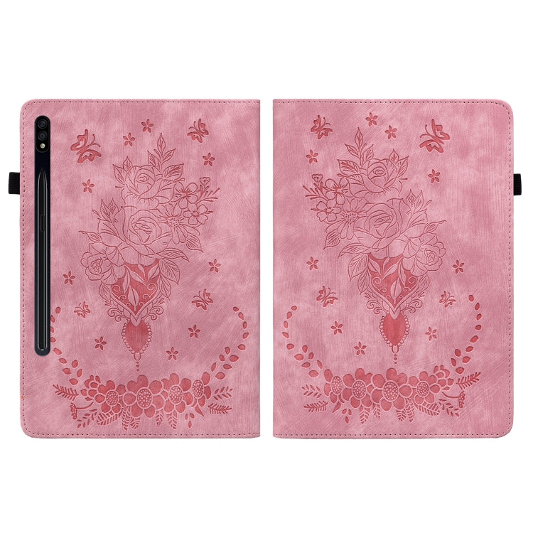 For Samsung Galaxy Tab S9 Butterfly Rose Embossed Leather Tablet Case(Pink) - Galaxy Tab S9 Cases by buy2fix | Online Shopping UK | buy2fix