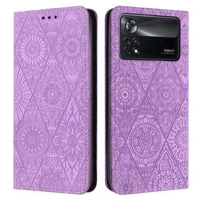 For Xiaomi Poco X4 Pro 5G Ethnic Embossed Adsorption Leather Phone Case(Purple) - Xiaomi Cases by buy2fix | Online Shopping UK | buy2fix