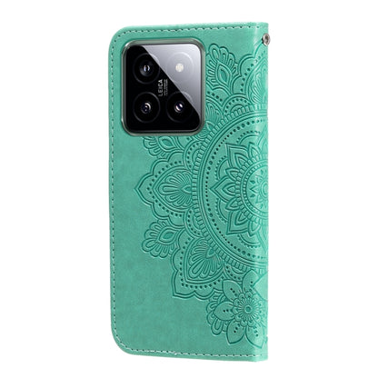 For Xiaomi 14 7-petal Flowers Embossing Leather Phone Case(Green) - 14 Cases by buy2fix | Online Shopping UK | buy2fix