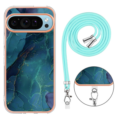 For Google Pixel 9 Pro XL Electroplating Marble Dual-side IMD Phone Case with Lanyard(Green 017) - Google Cases by buy2fix | Online Shopping UK | buy2fix