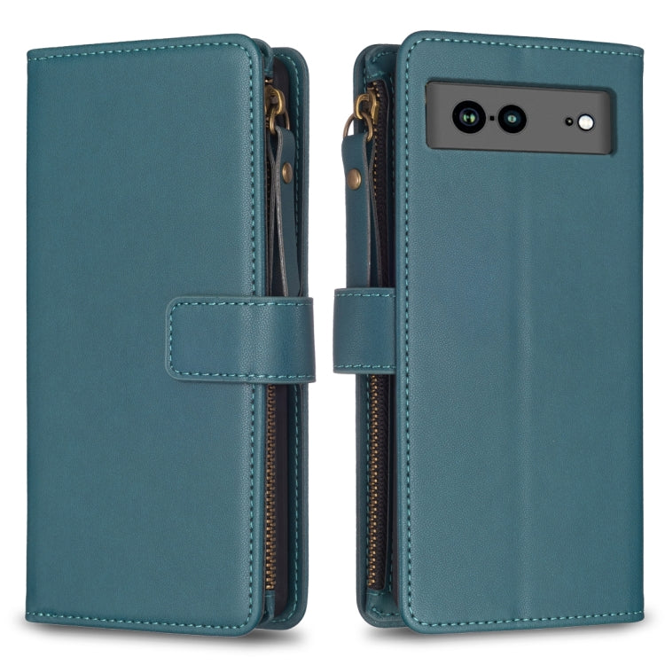 For Google Pixel 7a 9 Card Slots Zipper Wallet Leather Flip Phone Case(Green) - Google Cases by buy2fix | Online Shopping UK | buy2fix