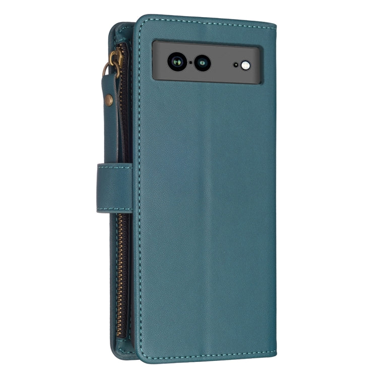 For Google Pixel 7a 9 Card Slots Zipper Wallet Leather Flip Phone Case(Green) - Google Cases by buy2fix | Online Shopping UK | buy2fix