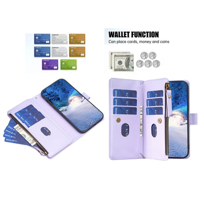 For iPhone 16 Pro 9 Card Slots Zipper Wallet Leather Flip Phone Case(Light Purple) - iPhone 16 Pro Cases by buy2fix | Online Shopping UK | buy2fix