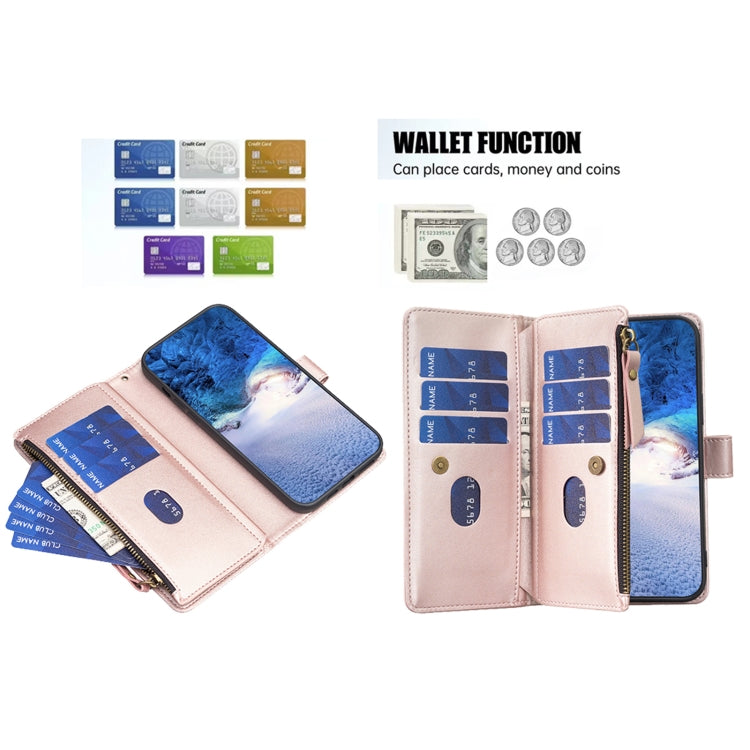 For Xiaomi Redmi Note 13 4G Global 9 Card Slots Zipper Wallet Leather Flip Phone Case(Rose Gold) - Note 13 Cases by buy2fix | Online Shopping UK | buy2fix