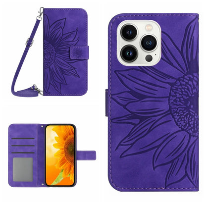 For iPhone 16 Pro Max Skin Feel Sun Flower Embossed Flip Leather Phone Case with Lanyard(Dark Purple) - iPhone 16 Pro Max Cases by buy2fix | Online Shopping UK | buy2fix