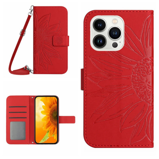 For iPhone 16 Pro Skin Feel Sun Flower Embossed Flip Leather Phone Case with Lanyard(Red) - iPhone 16 Pro Cases by buy2fix | Online Shopping UK | buy2fix