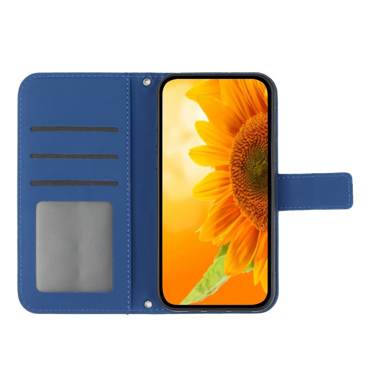 For iPhone 16 Plus Skin Feel Sun Flower Embossed Flip Leather Phone Case with Lanyard(Dark Blue) - iPhone 16 Plus Cases by buy2fix | Online Shopping UK | buy2fix