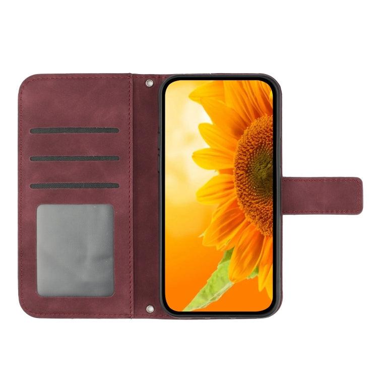 For iPhone 16 Plus Skin Feel Sun Flower Embossed Flip Leather Phone Case with Lanyard(Wine Red) - iPhone 16 Plus Cases by buy2fix | Online Shopping UK | buy2fix