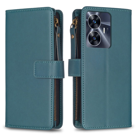 For Realme C55 9 Card Slots Zipper Wallet Leather Flip Phone Case(Green) - Realme Cases by buy2fix | Online Shopping UK | buy2fix