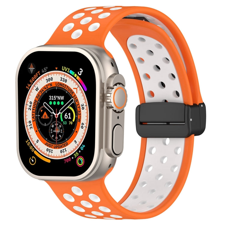 For Apple Watch SE 2023 44mm Magnetic Buckle Silicone Watch Band(Orange White) - Watch Bands by buy2fix | Online Shopping UK | buy2fix