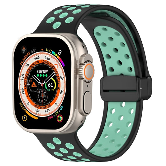 For Apple Watch SE 2023 44mm Magnetic Buckle Silicone Watch Band(Black Cyan) - Watch Bands by buy2fix | Online Shopping UK | buy2fix