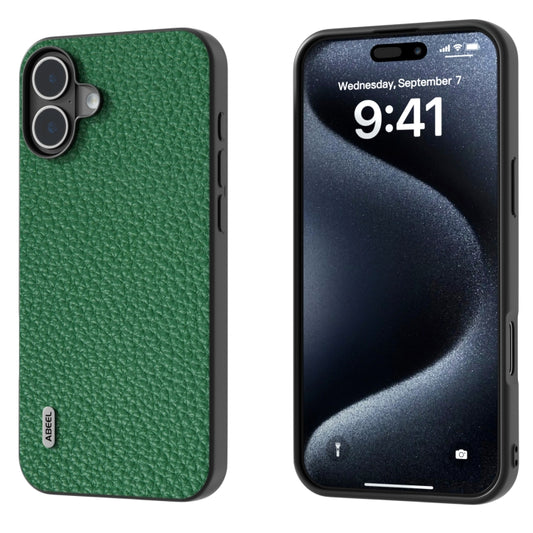 For iPhone 16 Plus ABEEL Genuine Leather Litchi Texture Phone Case(Green) - iPhone 16 Plus Cases by buy2fix | Online Shopping UK | buy2fix