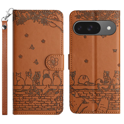 For Google Pixel 9 / 9 Pro Cat Embossing Pattern Leather Phone Case with Lanyard(Brown) - Google Cases by buy2fix | Online Shopping UK | buy2fix