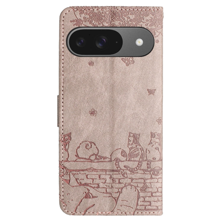 For Google Pixel 9 / 9 Pro Cat Embossing Pattern Leather Phone Case with Lanyard(Grey) - Google Cases by buy2fix | Online Shopping UK | buy2fix