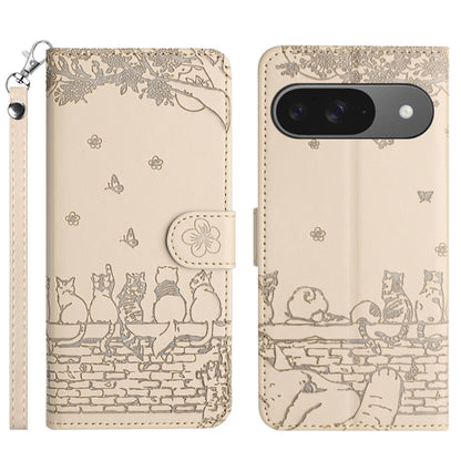 For Google Pixel 9 / 9 Pro Cat Embossing Pattern Leather Phone Case with Lanyard(Beige) - Google Cases by buy2fix | Online Shopping UK | buy2fix