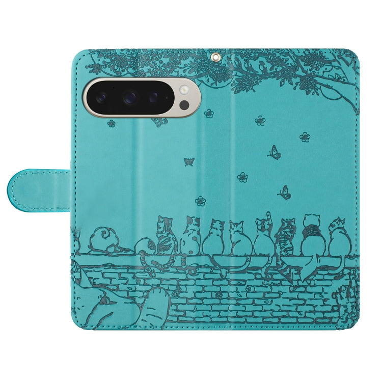 For Google Pixel 9 Pro XL Cat Embossing Pattern Leather Phone Case with Lanyard(Blue) - Google Cases by buy2fix | Online Shopping UK | buy2fix