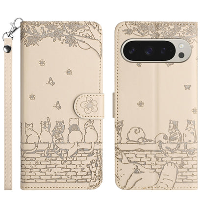 For Google Pixel 9 Pro XL Cat Embossing Pattern Leather Phone Case with Lanyard(Beige) - Google Cases by buy2fix | Online Shopping UK | buy2fix