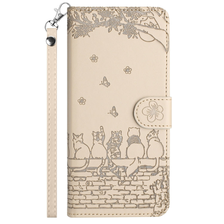 For iPhone 16 Pro Cat Embossing Pattern Leather Phone Case with Lanyard(Beige) - iPhone 16 Pro Cases by buy2fix | Online Shopping UK | buy2fix