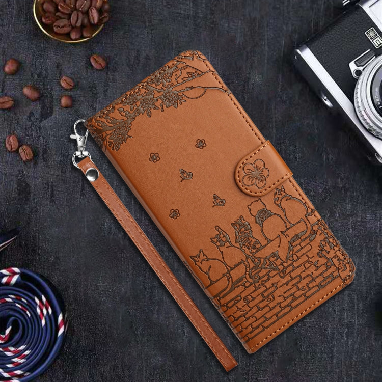 For iPhone 16 Plus Cat Embossing Pattern Leather Phone Case with Lanyard(Brown) - iPhone 16 Plus Cases by buy2fix | Online Shopping UK | buy2fix