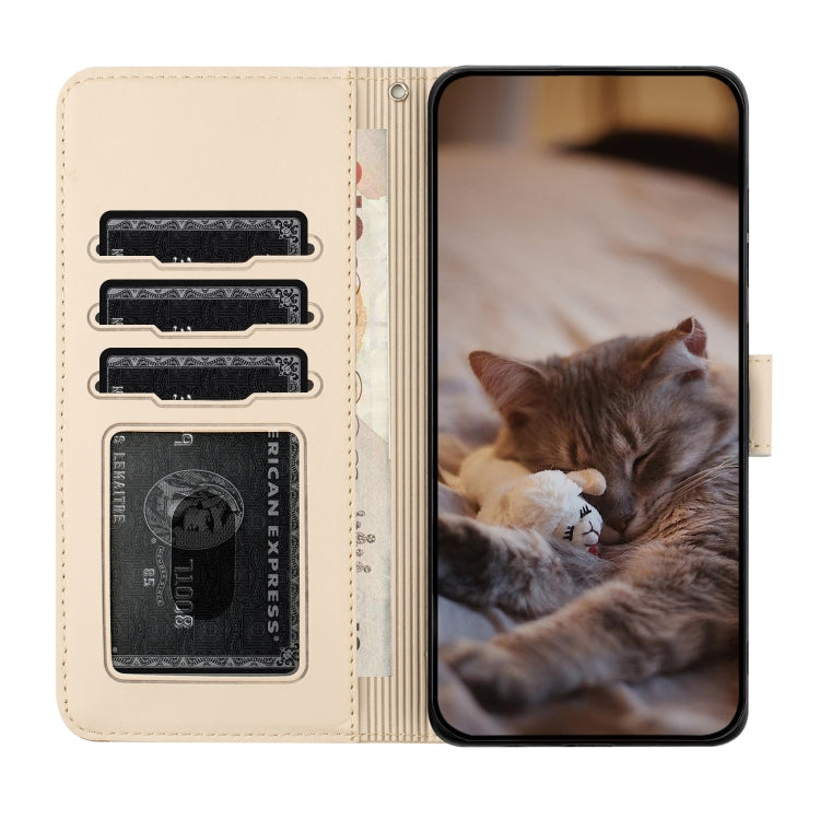 For iPhone 16 Plus Cat Embossing Pattern Leather Phone Case with Lanyard(Beige) - iPhone 16 Plus Cases by buy2fix | Online Shopping UK | buy2fix