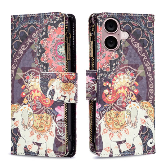 For iPhone 16 Colored Drawing Pattern Zipper Phone Leather Case(Flower Elephant) - iPhone 16 Cases by buy2fix | Online Shopping UK | buy2fix