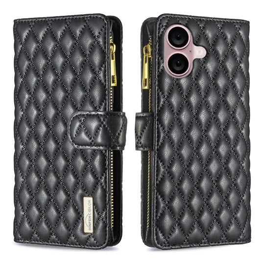 For iPhone 16 Plus Diamond Lattice Zipper Wallet Leather Flip Phone Case(Black) - iPhone 16 Plus Cases by buy2fix | Online Shopping UK | buy2fix