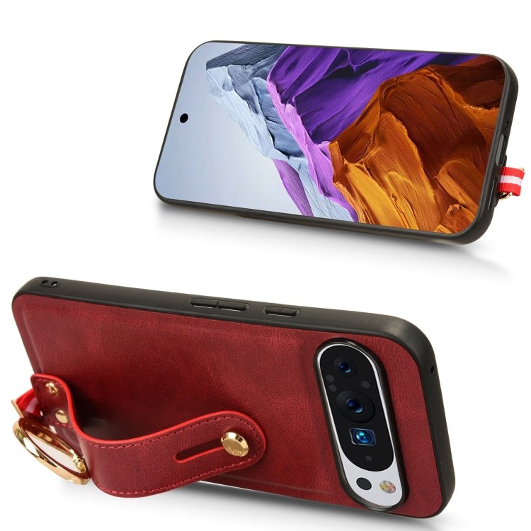 For Google Pixel 9 Wristband Leather Back Phone Case(Red) - Google Cases by buy2fix | Online Shopping UK | buy2fix