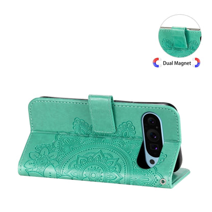 For Google Pixel 9 7-petal Flowers Embossing Leather Phone Case(Green) - Google Cases by buy2fix | Online Shopping UK | buy2fix