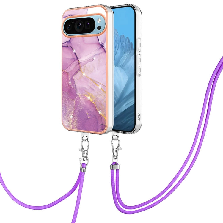 For Google Pixel 9 / 9 Pro Electroplating Marble Dual-side IMD Phone Case with Lanyard(Purple 001) - Google Cases by buy2fix | Online Shopping UK | buy2fix