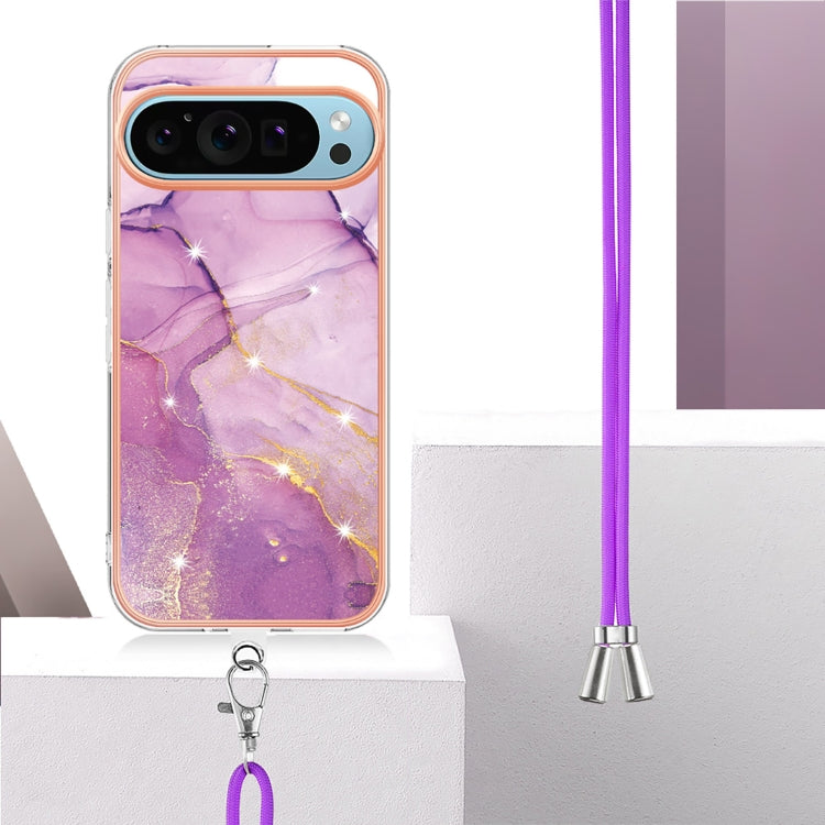 For Google Pixel 9 / 9 Pro Electroplating Marble Dual-side IMD Phone Case with Lanyard(Purple 001) - Google Cases by buy2fix | Online Shopping UK | buy2fix