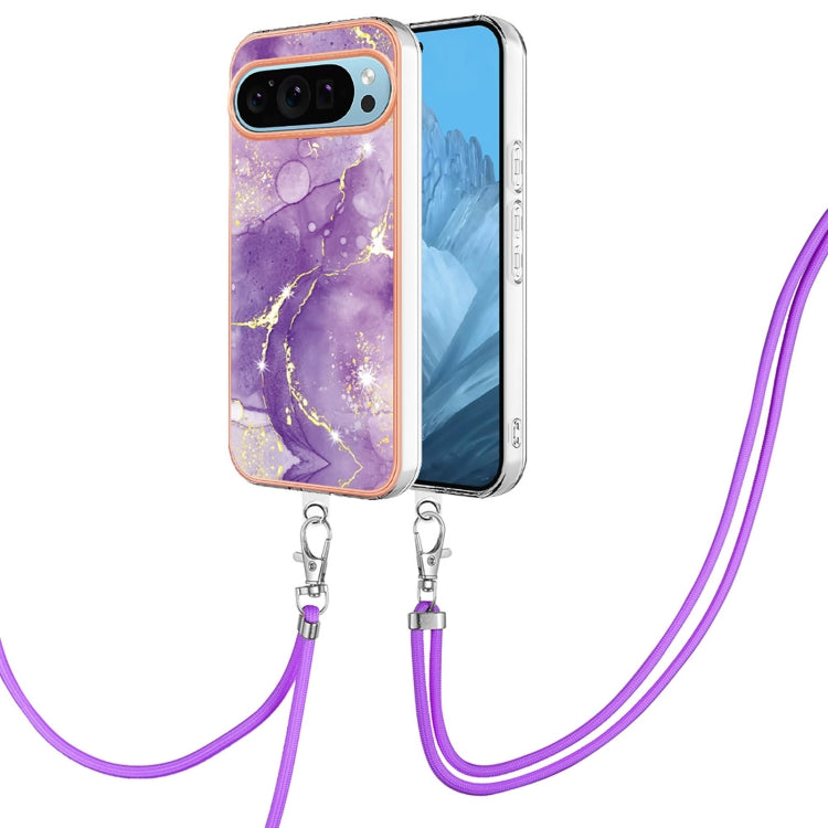 For Google Pixel 9 / 9 Pro Electroplating Marble Dual-side IMD Phone Case with Lanyard(Purple 002) - Google Cases by buy2fix | Online Shopping UK | buy2fix