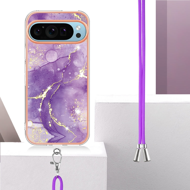 For Google Pixel 9 / 9 Pro Electroplating Marble Dual-side IMD Phone Case with Lanyard(Purple 002) - Google Cases by buy2fix | Online Shopping UK | buy2fix