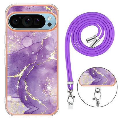 For Google Pixel 9 / 9 Pro Electroplating Marble Dual-side IMD Phone Case with Lanyard(Purple 002) - Google Cases by buy2fix | Online Shopping UK | buy2fix