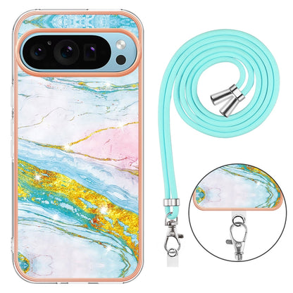 For Google Pixel 9 / 9 Pro Electroplating Marble Dual-side IMD Phone Case with Lanyard(Green 004) - Google Cases by buy2fix | Online Shopping UK | buy2fix