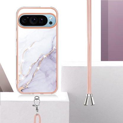 For Google Pixel 9 / 9 Pro Electroplating Marble Dual-side IMD Phone Case with Lanyard(White 006) - Google Cases by buy2fix | Online Shopping UK | buy2fix