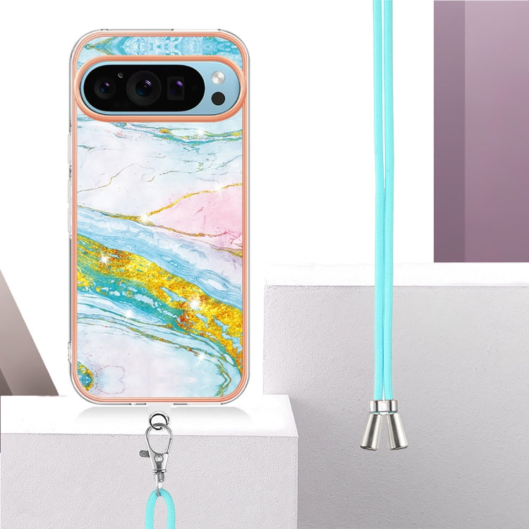 For Google Pixel 9 Pro XL Electroplating Marble Dual-side IMD Phone Case with Lanyard(Green 004) - Google Cases by buy2fix | Online Shopping UK | buy2fix