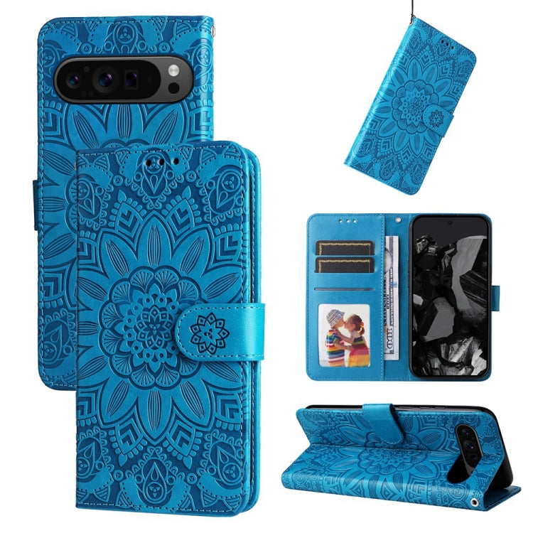 For Google Pixel 9 Pro Embossed Sunflower Leather Phone Case(Blue) - Google Cases by buy2fix | Online Shopping UK | buy2fix