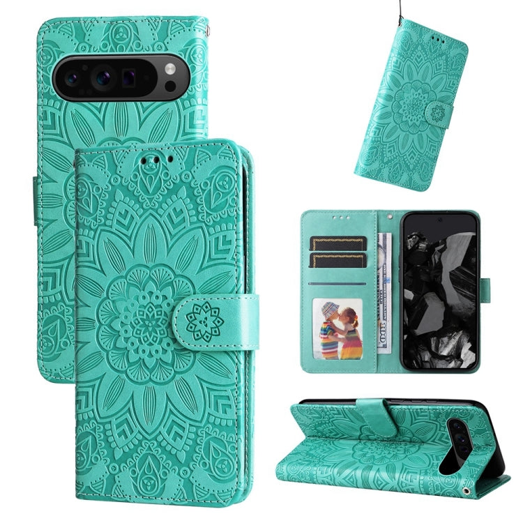 For Google Pixel 9 Pro Embossed Sunflower Leather Phone Case(Green) - Google Cases by buy2fix | Online Shopping UK | buy2fix