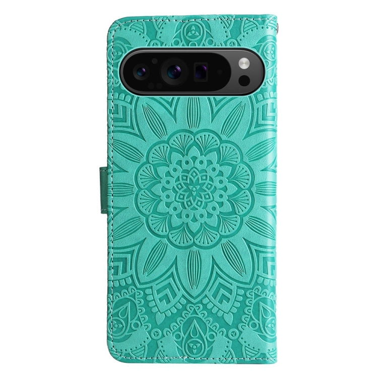 For Google Pixel 9 Pro Embossed Sunflower Leather Phone Case(Green) - Google Cases by buy2fix | Online Shopping UK | buy2fix