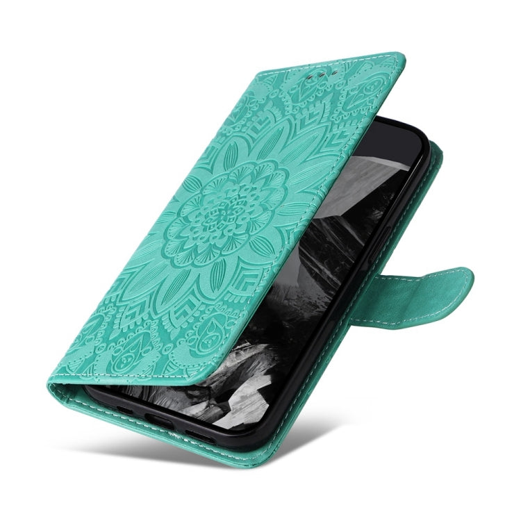 For Google Pixel 9 Pro Embossed Sunflower Leather Phone Case(Green) - Google Cases by buy2fix | Online Shopping UK | buy2fix