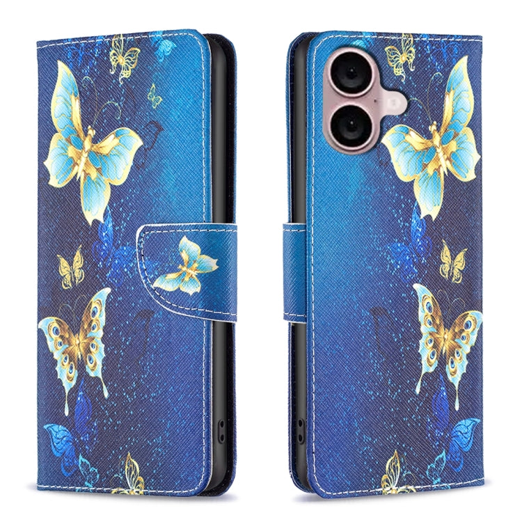 For iPhone 16 Plus Colored Drawing Pattern Flip Leather Phone Case(Gold Butterfly) - iPhone 16 Plus Cases by buy2fix | Online Shopping UK | buy2fix