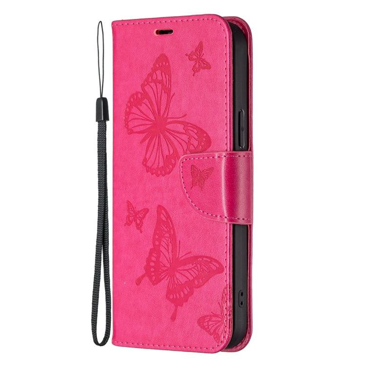 For iPhone 16 Plus Embossing Two Butterflies Pattern Leather Phone Case(Rose Red) - iPhone 16 Plus Cases by buy2fix | Online Shopping UK | buy2fix