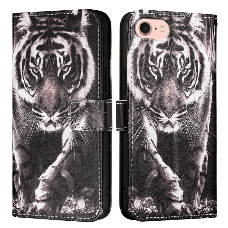 For iPhone SE 2024 Colored Drawing Pattern Plain Weave Leather Phone Case(Black And White Tiger) - More iPhone Cases by buy2fix | Online Shopping UK | buy2fix