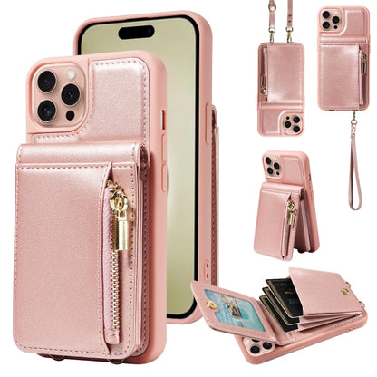 For iPhone 16 Pro Crossbody Lanyard Zipper Wallet Leather Phone Case(Rose Gold) - iPhone 16 Pro Cases by buy2fix | Online Shopping UK | buy2fix