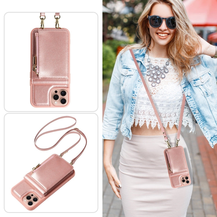 For iPhone 16 Pro Crossbody Lanyard Zipper Wallet Leather Phone Case(Rose Gold) - iPhone 16 Pro Cases by buy2fix | Online Shopping UK | buy2fix