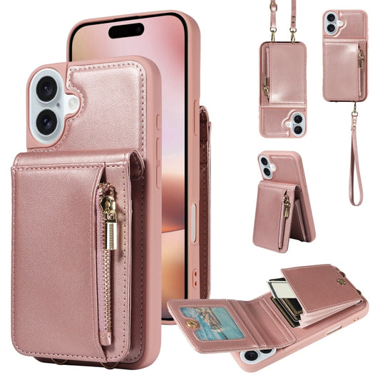 For iPhone 16 Plus Crossbody Lanyard Zipper Wallet Leather Phone Case(Rose Gold) - iPhone 16 Plus Cases by buy2fix | Online Shopping UK | buy2fix