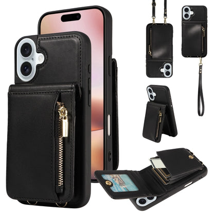 For iPhone 16 Plus Crossbody Lanyard Zipper Wallet Leather Phone Case(Black) - iPhone 16 Plus Cases by buy2fix | Online Shopping UK | buy2fix