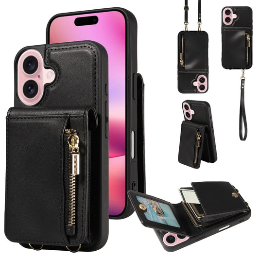 For iPhone 16 Crossbody Lanyard Zipper Wallet Leather Phone Case(Black) - iPhone 16 Cases by buy2fix | Online Shopping UK | buy2fix